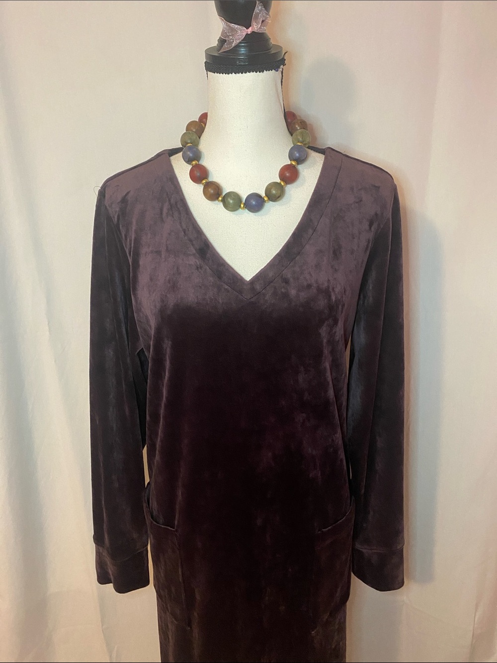 J. Jill Velvet V-Neck Long Sleeve Dress in Deep Plum